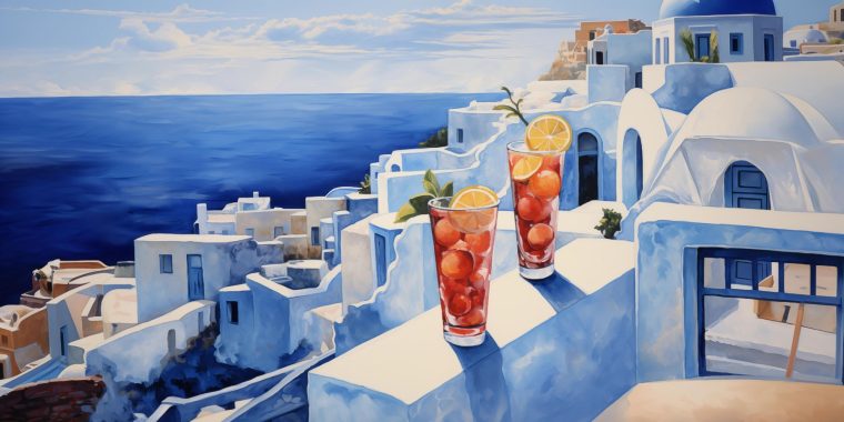 Illustration of two Greek cocktails on a white-washed wall overlooking a typical Mediterranean ocean scene