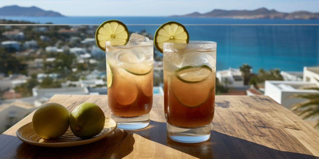 Editorial style image of two Mastiha Margarita cocktails on a table overlooking a Greek island ocean view on a sunny day