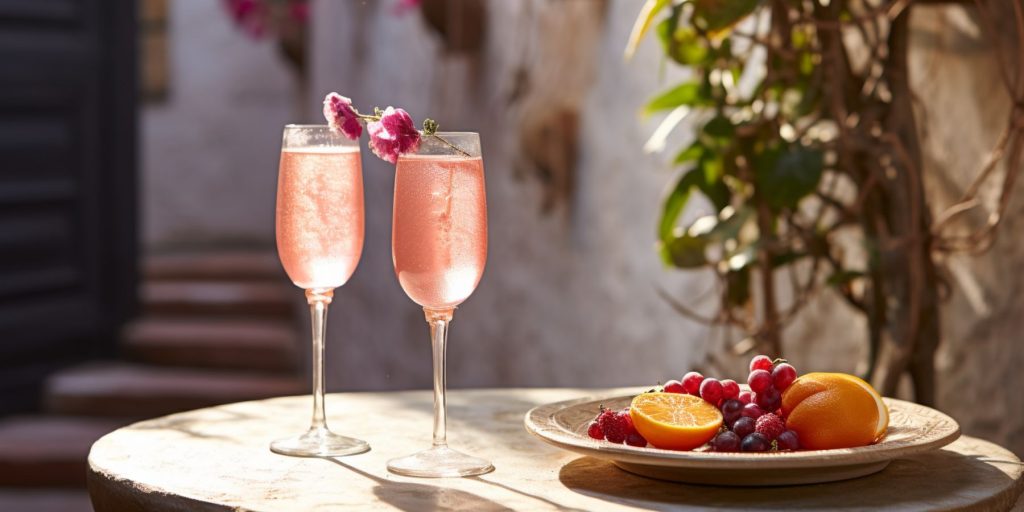Editorial style image of two Greek Mimosa cocktails on a table outside in a traditional Greek courtyard on a sunny day, dappled light
