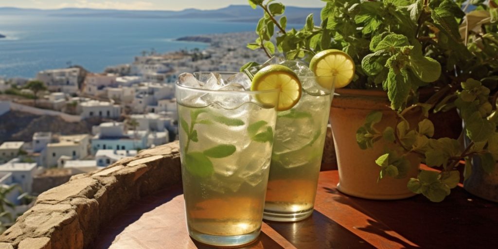 Editorial style image of two Greek Mojito cocktails on a table overlooking a Greek island ocean view on a sunny day