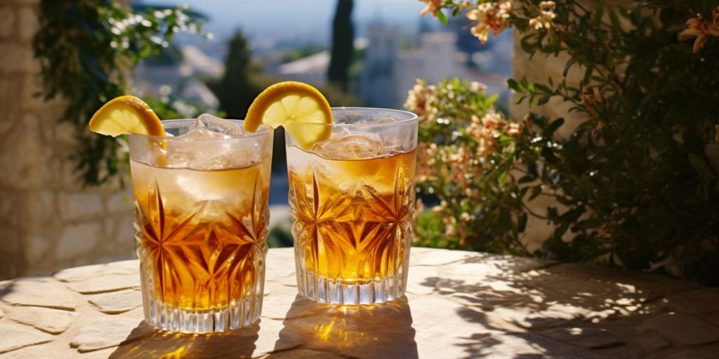 Editorial style image of two Greek Tragedy cocktails on a table overlooking a Greek garden on a sunny day 