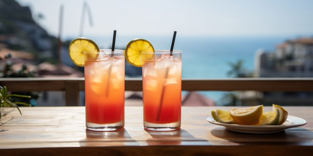 Editorial style image of two Italian Breeze cocktails on a table outside with a typical scene in Cinque Terre on a sunny day as backdrop