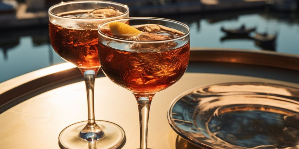 Editorial style image of two two Italian Manhattan cocktails on a table outside with a typical scene in Florence on a sunny day as backdrop