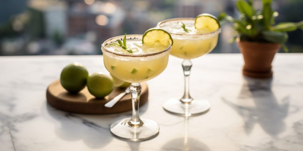 Editorial style image of two Italian Margarita cocktails on a table outside with a typical scene in Milan on a sunny day as backdrop