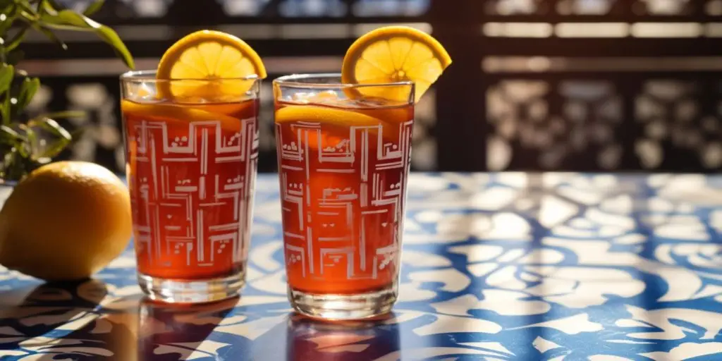 Editorial style image of two Krasomelo cocktails on a table covered in a traditional Greek style tablecloth on a sunny day, near a window with lots of natural light