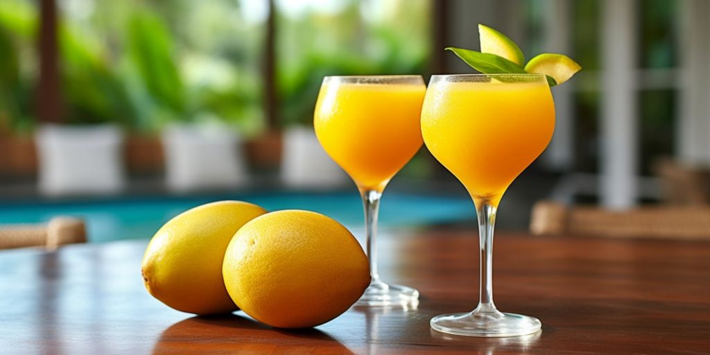 Two Mango Daiquiries on a table in a home kitchen on a sunny day with lots of greenery outside the window in the background