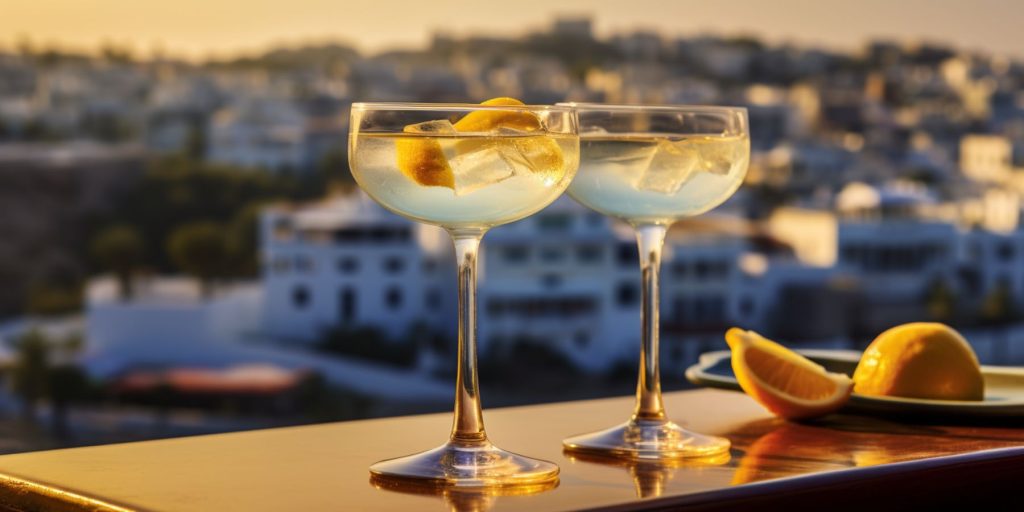 Editorial style image of two Ouzo Martini cocktails on a table overlooking a beautiful view of a Greek island view at dusk