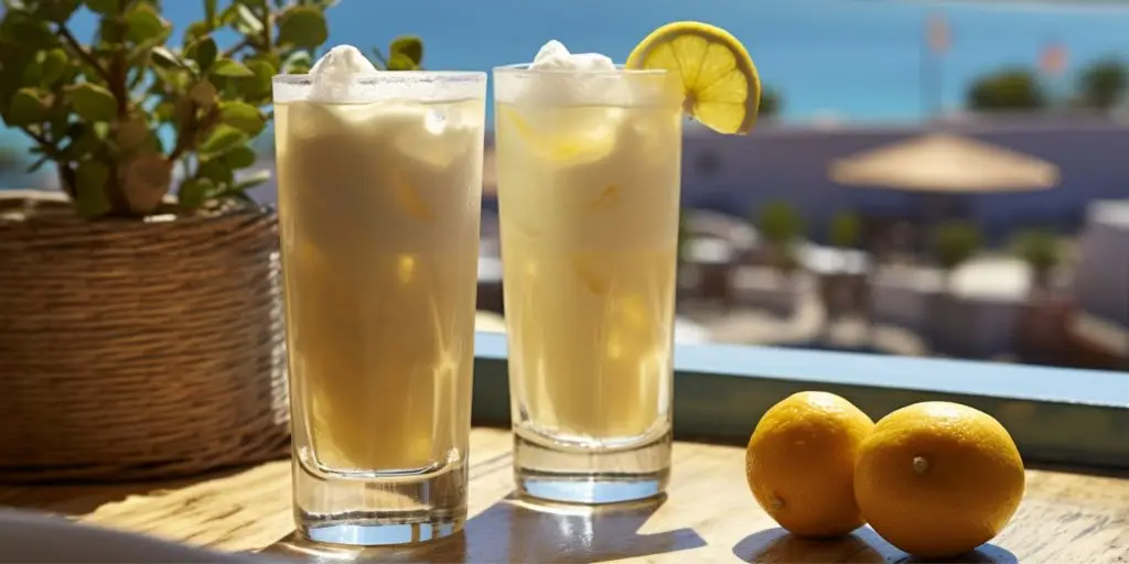 Editorial style image of two Ramos Greek Fizz cocktails on a table overlooking a Greek island ocean view on a sunny day