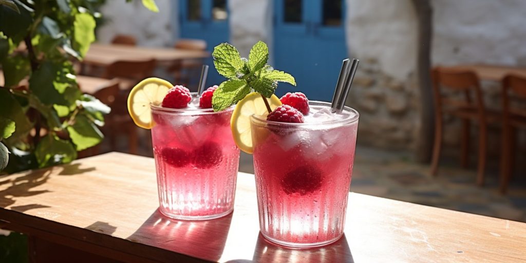 Editorial style image of two Raspberry Ouzo Slush cocktails on a table outside in a traditional Greek courtyard on a sunny day, dappled light