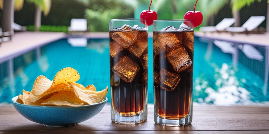 Two Roy Rogers drinks with cherry garnish, served with a bowl of crisps, pool in the background