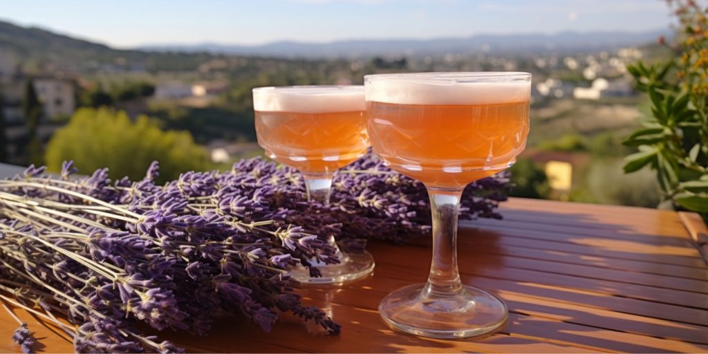 Editorial style image of two Santorini Sour cocktails on a table overlooking a beautiful view of a Greek lavender farm on a sunny day