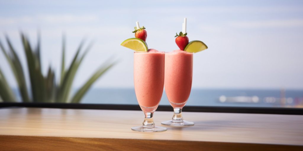 Two Strawberry Banana Daiquiri cocktails on a window sill overlooking an ocean scene on a sunny day