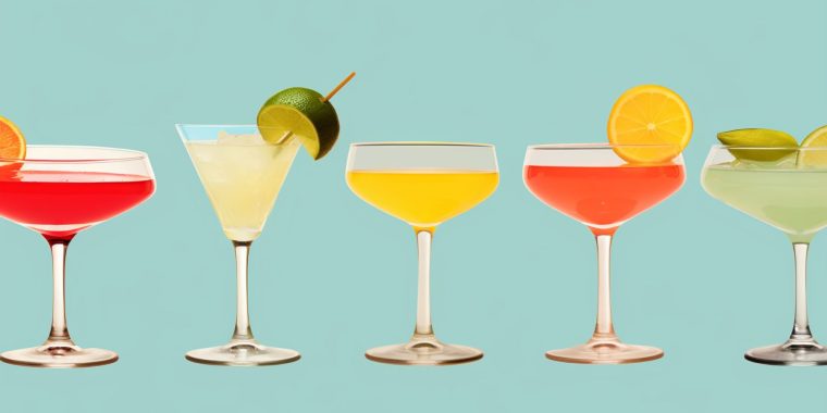 Colour illustration of a lineup of different types of Daquiris against a flat blue surface