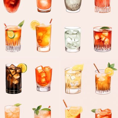 Classic colour illustrations of whiskey mixers in a repetitive pattern