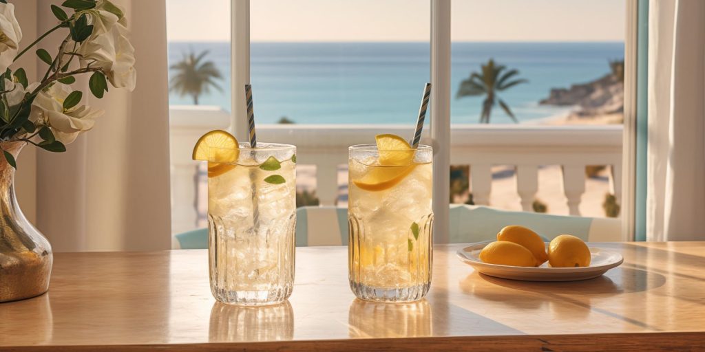 Two whiskey and coconut water cocktails on a table in a beach house overlooking a beach scene outside