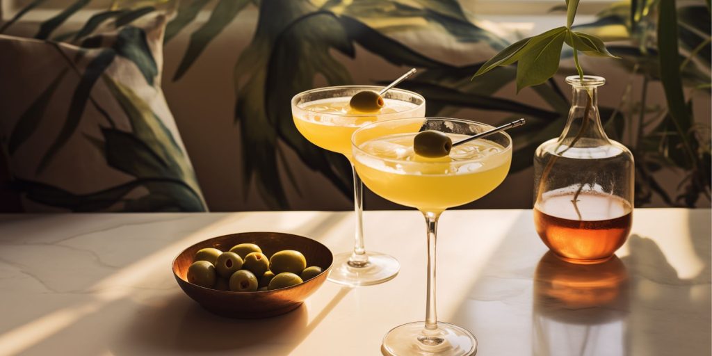 Two whiskey and olive juice cocktails in coupe glasses on a table inside on a sunny day