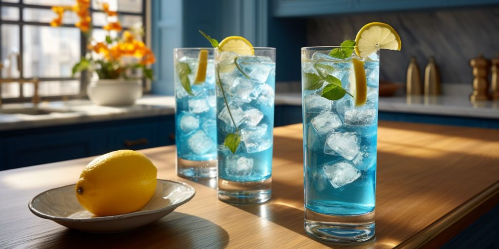 Editorial style image of two Blue Afternoon Highball Mocktails on a table in a modern kitchen decorated in shades of blue