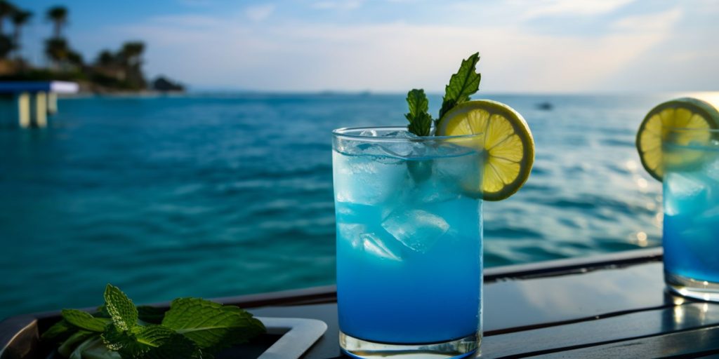 Editorial style image of two Blue Lagoon Mocktails on a table outside against a backdrop of a blue ocean view 