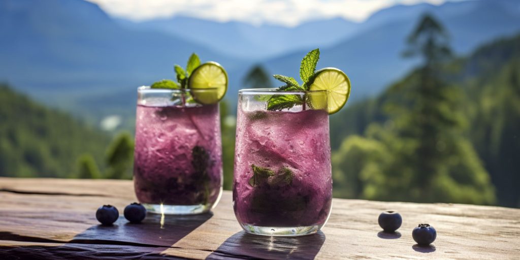 Editorial style image of two Blueberry Mocktail with Mint & Lime on a table outside overlooking majestic mountain scenery 