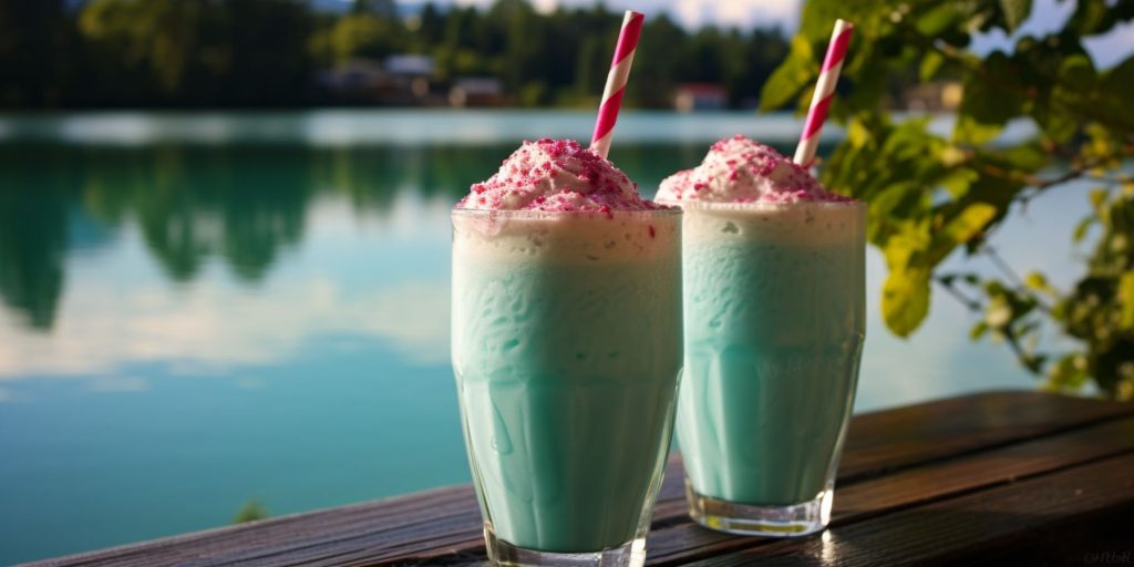 Close-up of two Coconut Cream Blue Raspberry Slushie mocktails on a table outside overlooking a beautiful blue lake