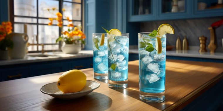 Editorial style image of two Blue Afternoon Highball Mocktails on a table in a modern kitchen decorated in shades of blue