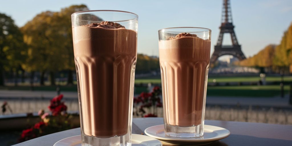 Editorial style image of two Cacolac mocktails on a table outside overlooking a view of the Eiffel Tower in the distance on a clear autumn afternoon 