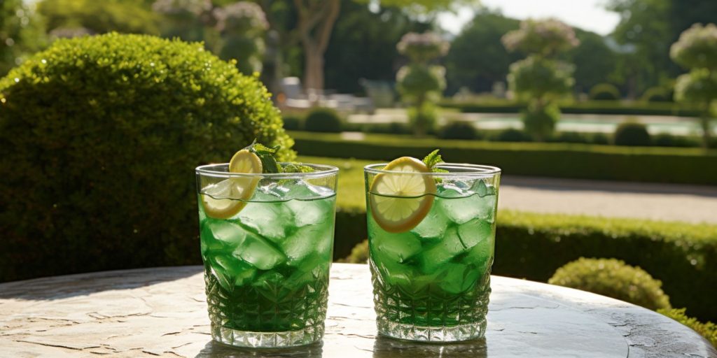 Editorial style image of two Diabolo Menthe mocktails on a table outside in a formal French garden 