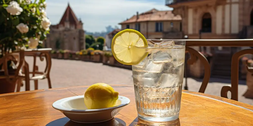 Editorial style image of a Gini Lemon mocktail on a table outside on a sunny day in a quaint French town square