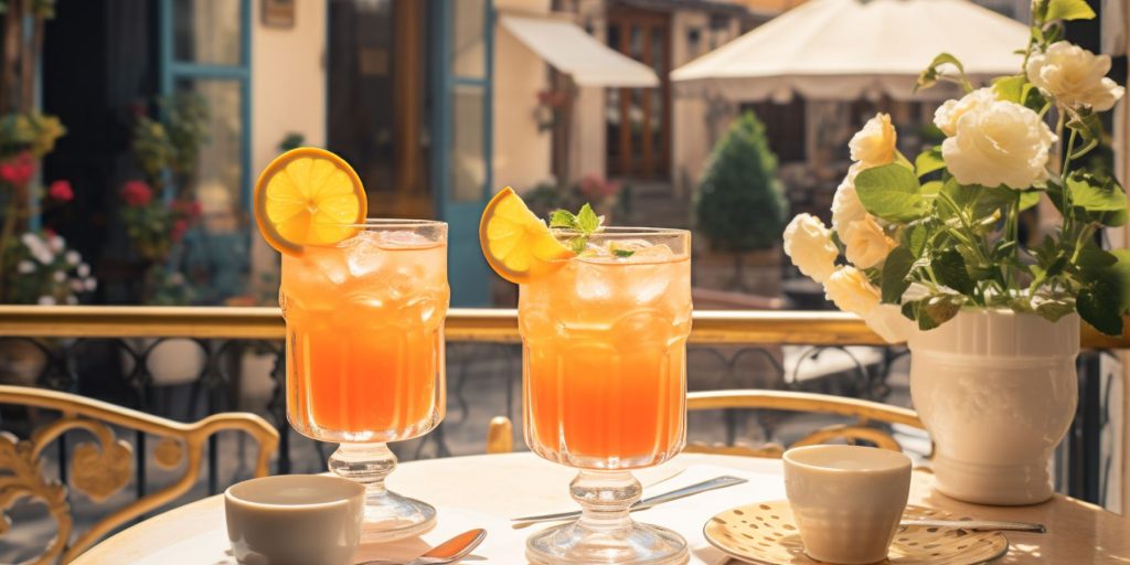 Editorial style image of two Orangina mocktails on a table outside of a quintessential French restaurant on a sunny day 