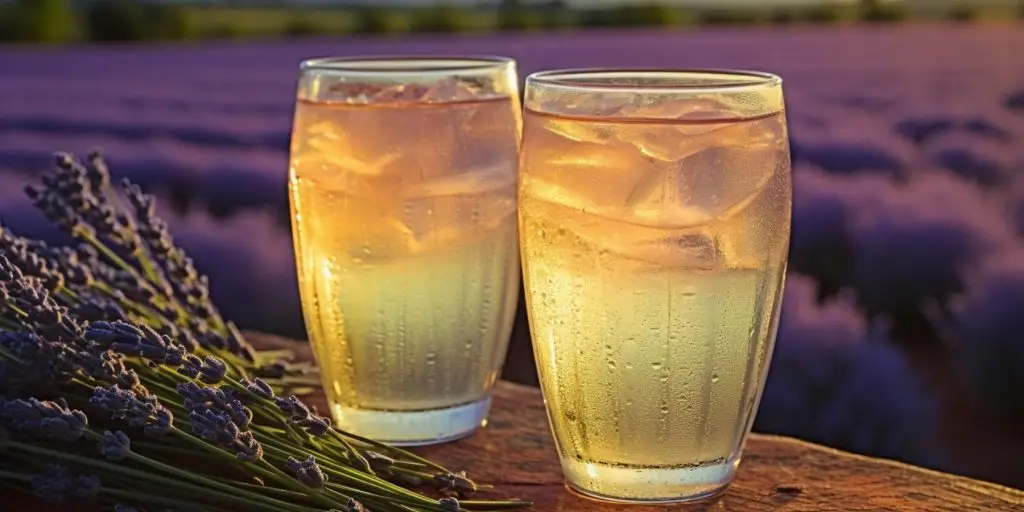 Editorial style image of two Perry mocktails on a table outside overlooking French lavender fields