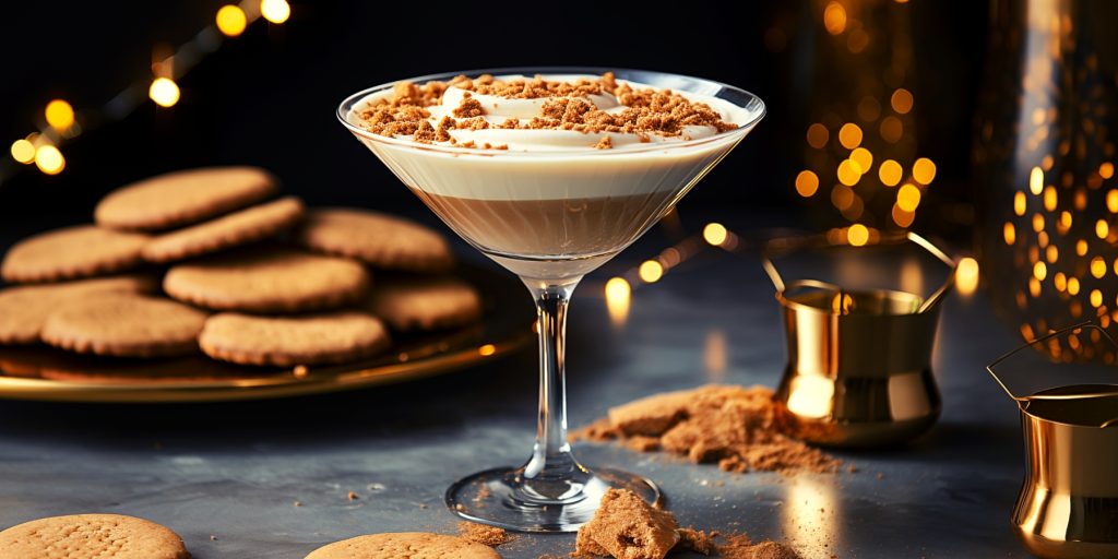 Creamy Gingerbread Martini with biscuit garnish