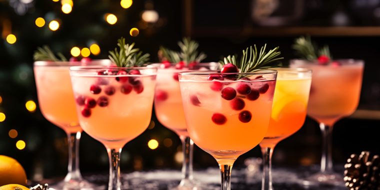 Festive Christmas punch with cranberry and rosemary garnish