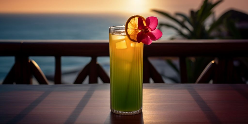 Two Matcha & Honey Sipper cocktails outside on a table on a romantic veranda overlooking an ocean at sunset