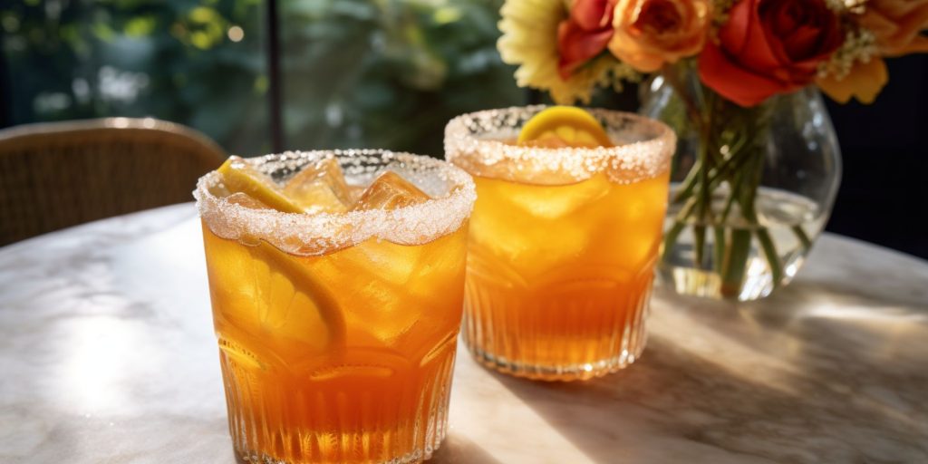 Two Turmeric Grapefruit Ginger Spritz cocktails outside on a table set for a romantic picnic