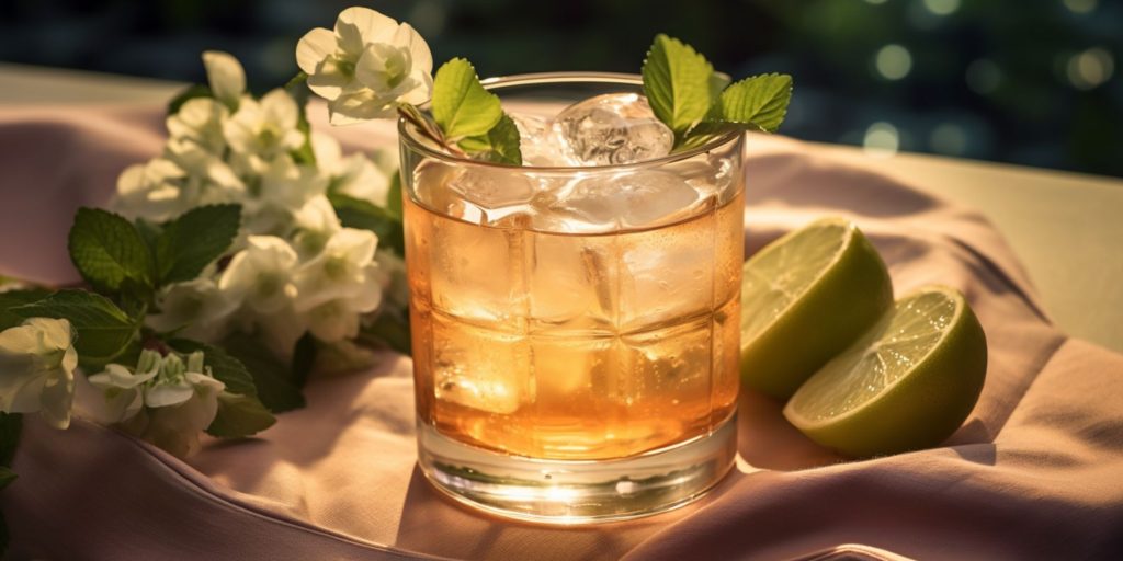 A Virgin Ginger Mule on a table outside in a blooming orchard, light, breezy, romantic 