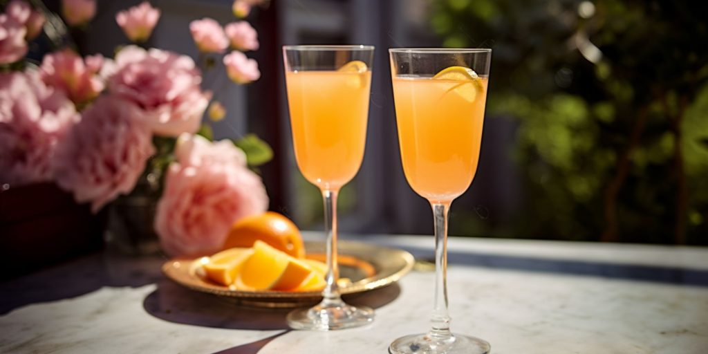 Two Virgin Mimosa cocktails outside on a table covered in a pink tablecloth in a flower garden in spring