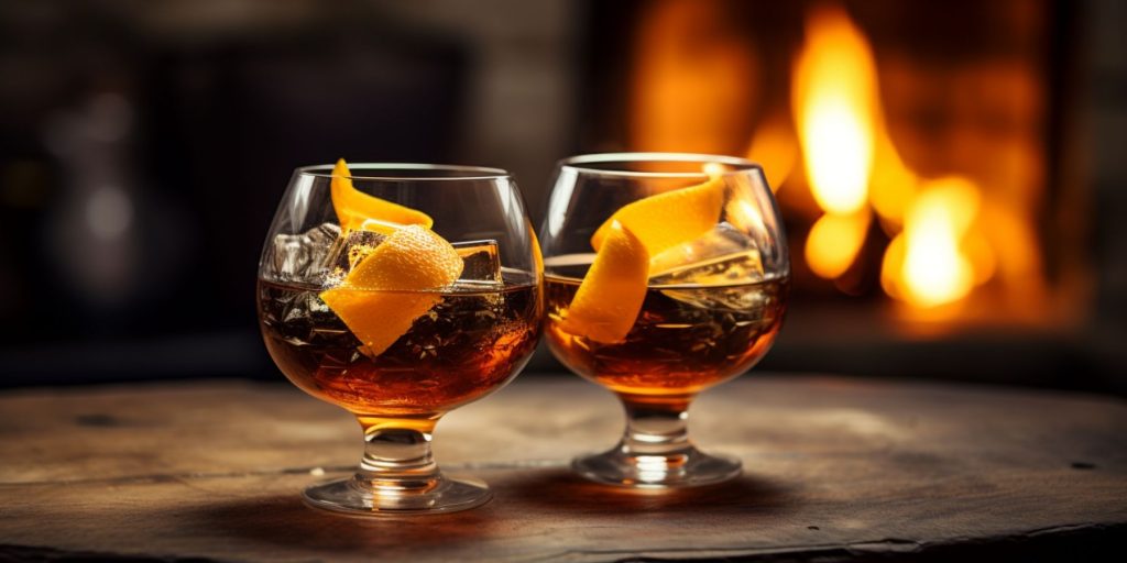 Two Chocolate Old Fashioned cocktails on a table inside a modern home lounge next to a fireplace