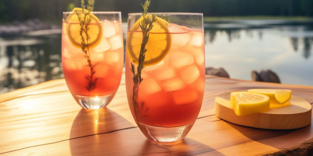 Two Aperol Spritz Mocktails on a table outside of a summer cabin overlooking lake scenery, summery, romantic 