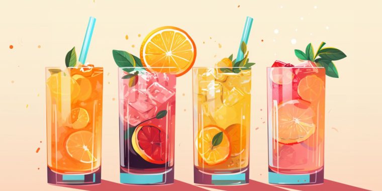 Vector illustration of a variety of low-sugar mocktails arranged on a flat pink surface, bright colors