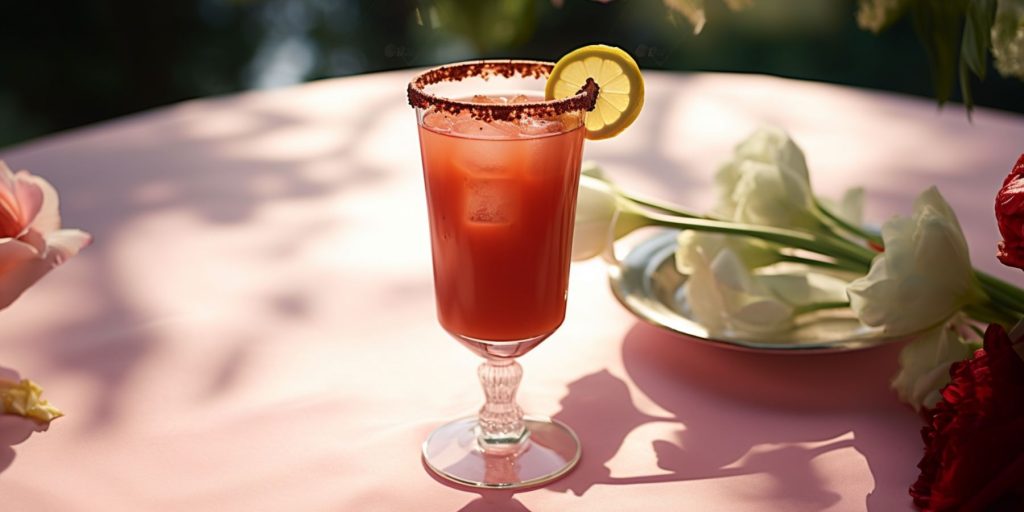 A Virgin Bloody Mary mocktail outside on a table covered in a pink tablecloth in a flower garden in spring