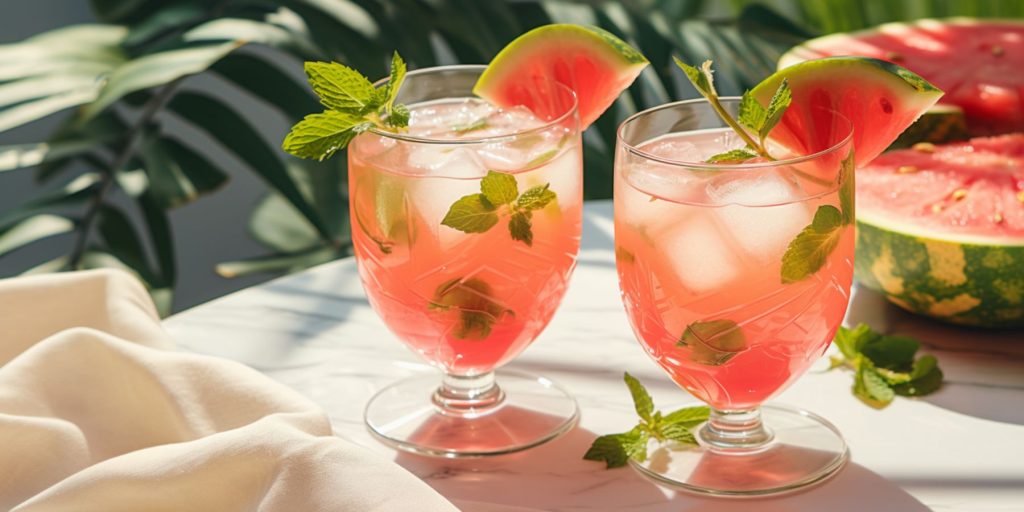 Two Watermelon & Mint Mocktails on a white tablecloth outside in a sunny courtyard with greenery everywhere