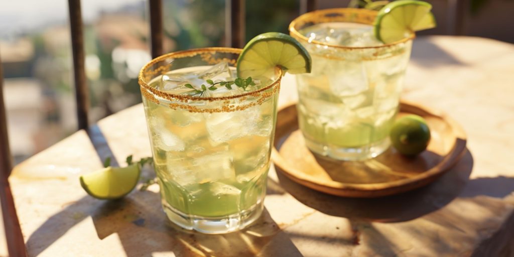 Two Skinny Margarita cocktails on a table in a sunny, traditional Greek courtyard with a grape vine trellis 