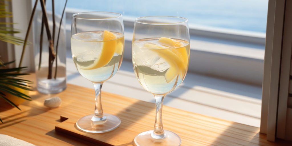 Two White Wine Spritzer cocktails on a window sill at a beach house overlooking the ocean on a sunny day