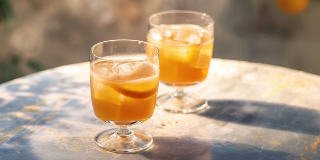 Two Amaretto Stone Sour on a table outside in a Greek courtyard on a sunny day