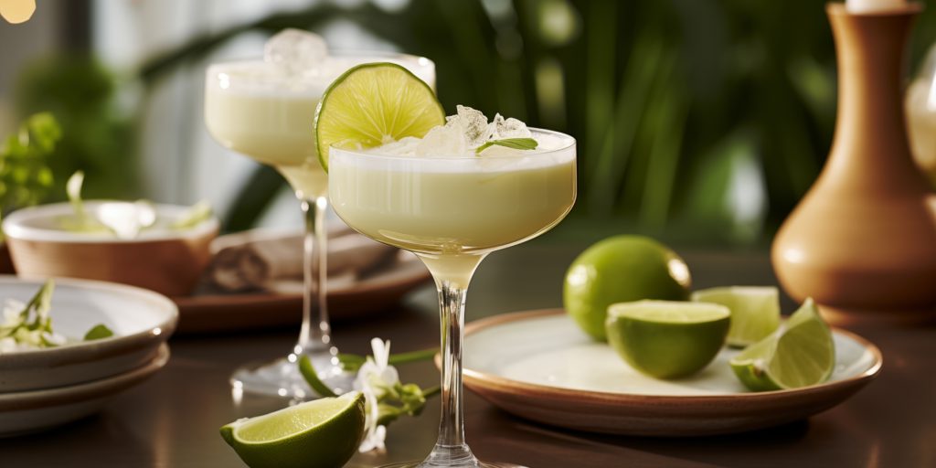 Two white Chocolate Gimlet cocktails with lime wheel garnish