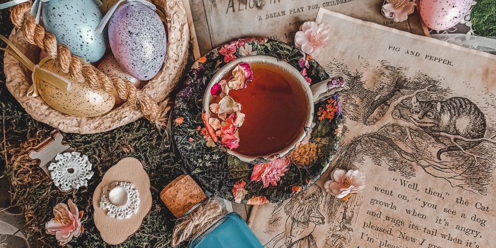 Top view of a table decorated for a Mad Hatter's Tea Party 