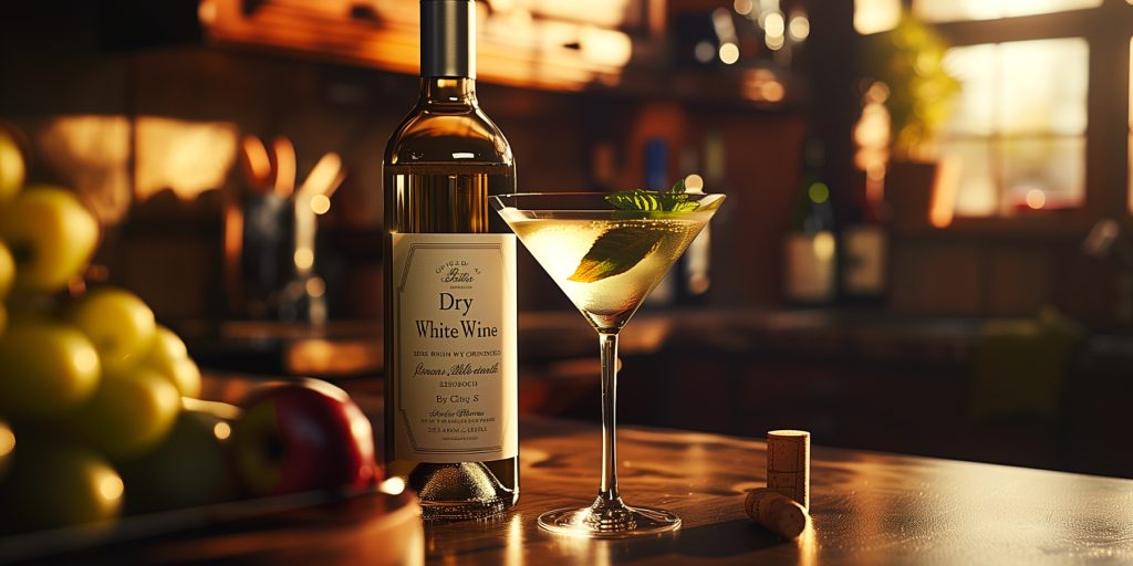 A Martini cocktail on a kitchen table next to a bottle of Dry White Wine