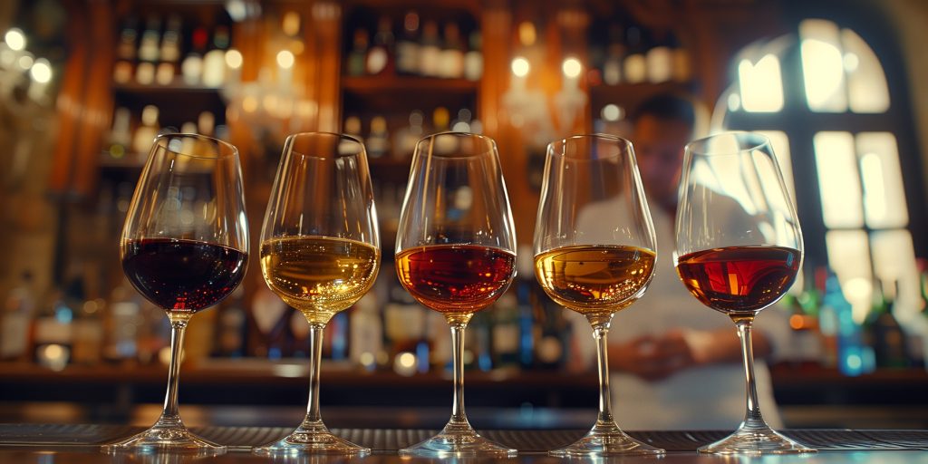 Four glasses of different types of Sherry on a bar counter