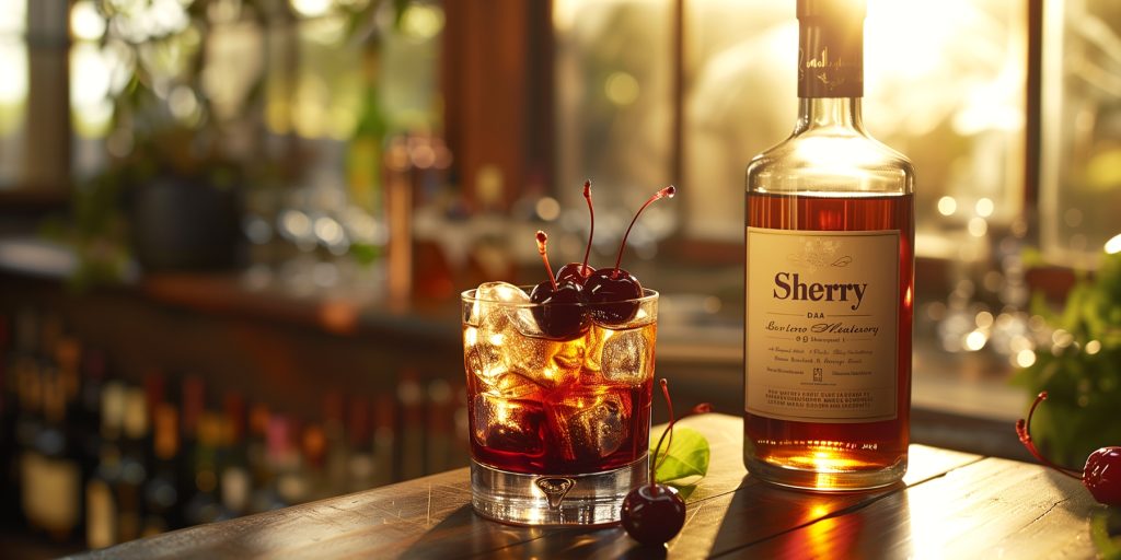 A Manhattan cocktail garnished with dark cherries next to a bottle of Sherry in a brightly lit kitchen in the afternoon