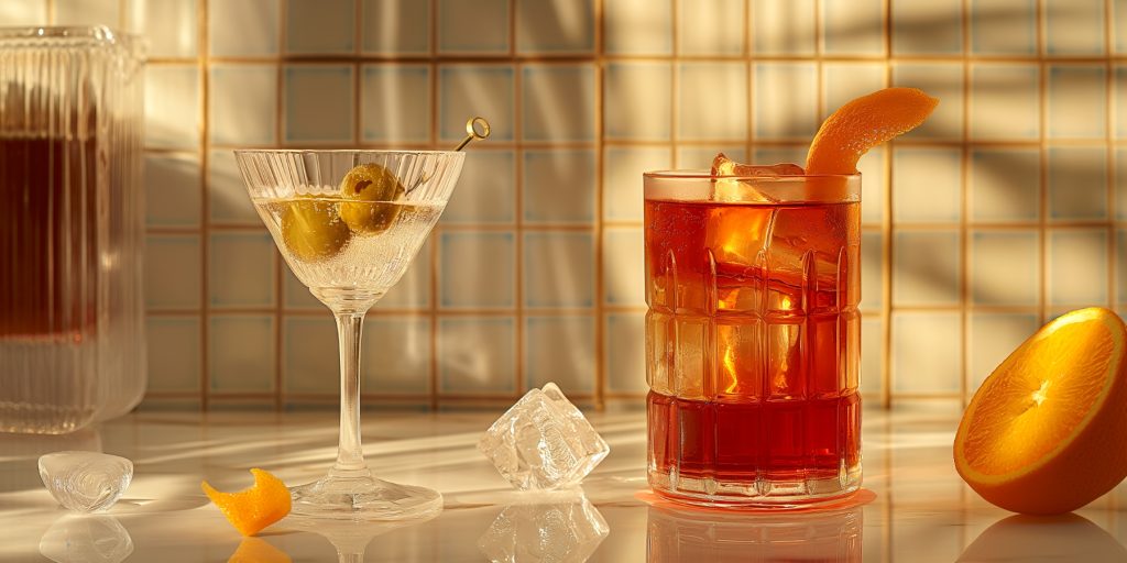 A Classic Martini next to a Negroni Cocktail against a kitchen wall